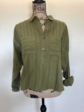 LOFT Olive Textured Half-Placket Button Down Shirt Sz S 💯 cotton